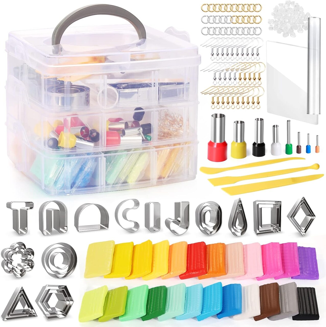 Polymer Clay Earring Making Kit with 3-Layer Storage Box, 30 Clay Earring Cutters, 24 Colors Clay, 8 Circle Cutters, Clay Tools and Earring Accessories for Clay Earrings Jewelry Making